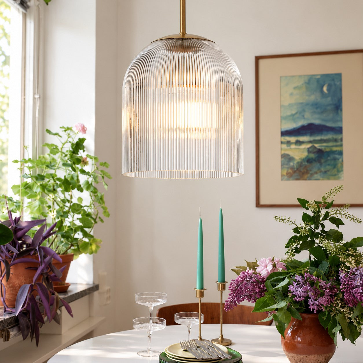 Bravira Ribbed Glass Pendant Light - Elegant Kitchen Island Lamp