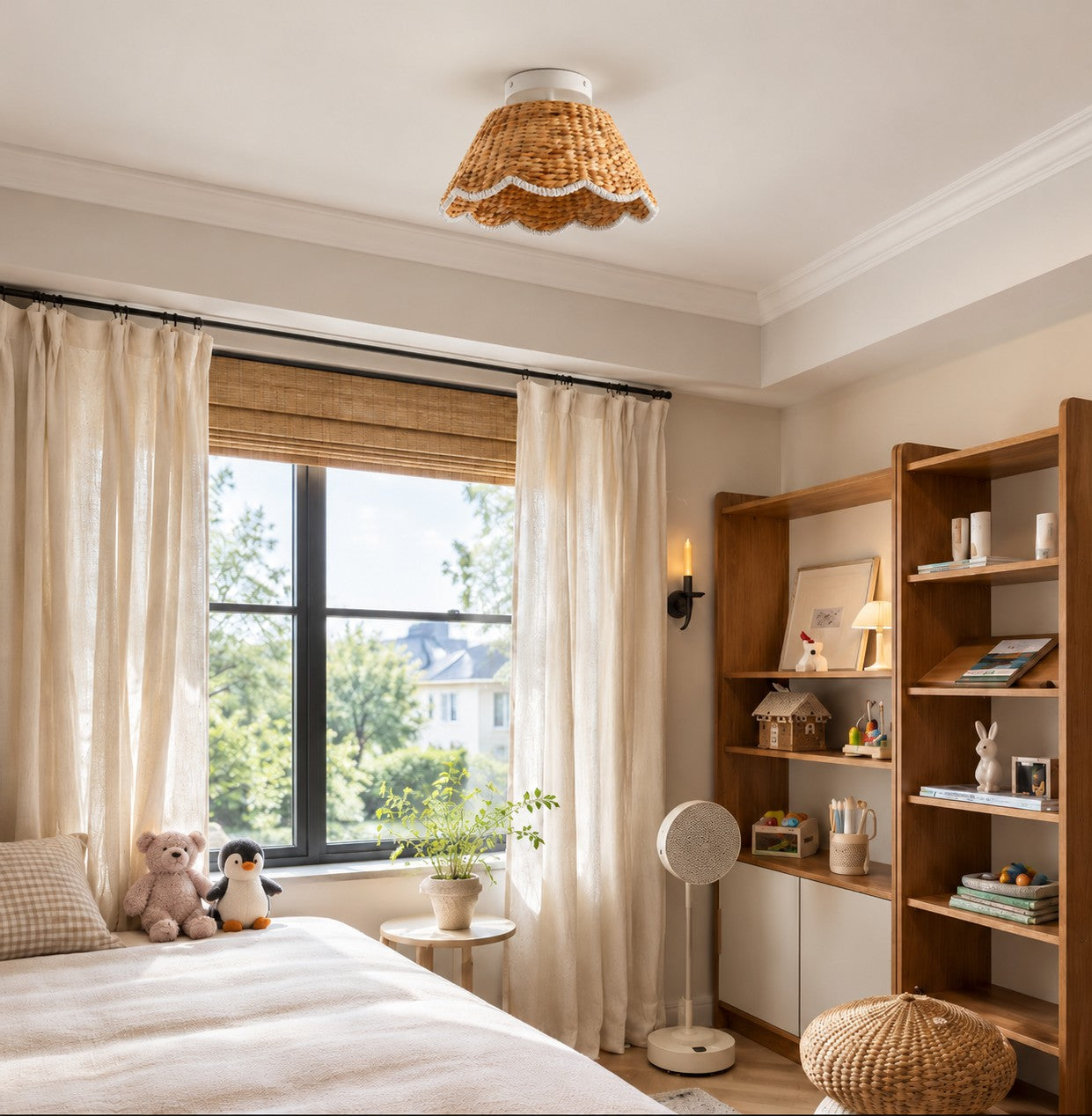 Ruvest Farmhouse Flush Mount Ceiling Light - Scallop Rattan for Warm Interiors