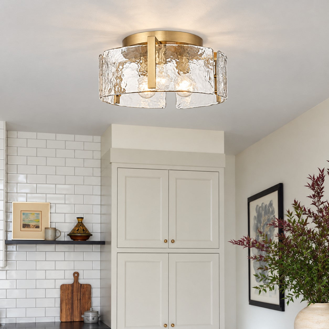 Hammered Water Glass Ceiling Light -  Gold Drum Flush Mount Light