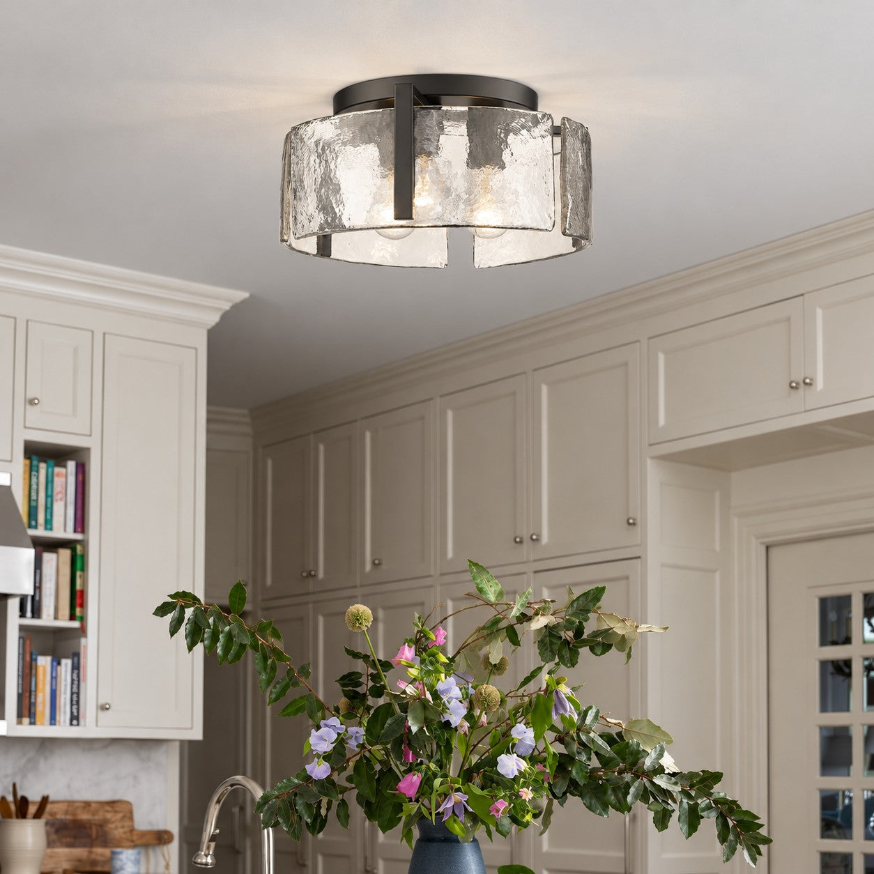 Hammered Water Glass Ceiling Light -  Gold Drum Flush Mount Light