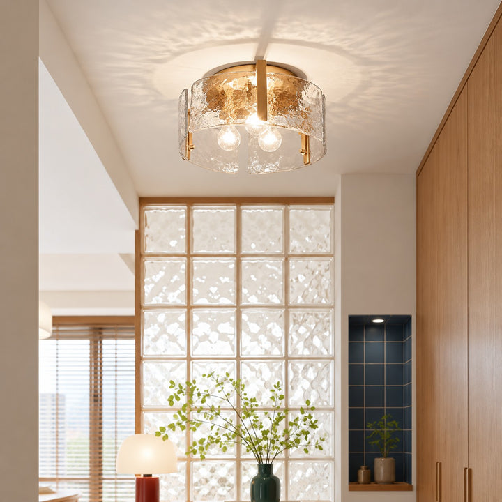 Hammered Water Glass Ceiling Light -  Gold Drum Flush Mount Light