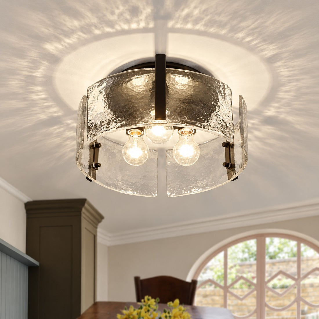 Hammered Water Glass Ceiling Light -  Gold Drum Flush Mount Light