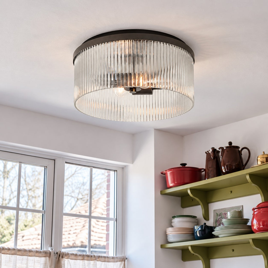 Bravira Flush Mount Ceiling Light - Ribbed & Bubbled Glass Metal Light