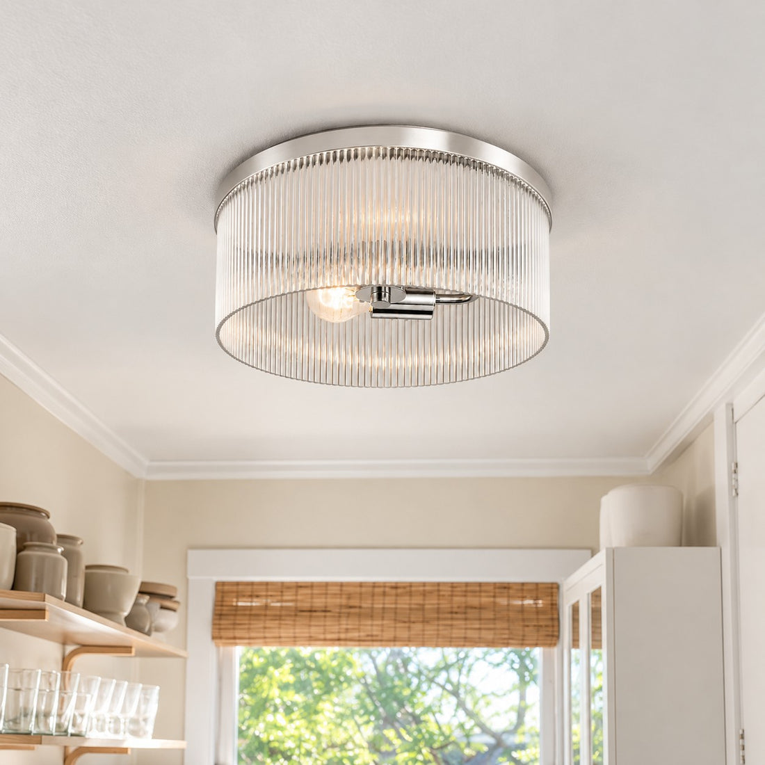 Bravira Flush Mount Ceiling Light - Ribbed & Bubbled Glass Metal Light