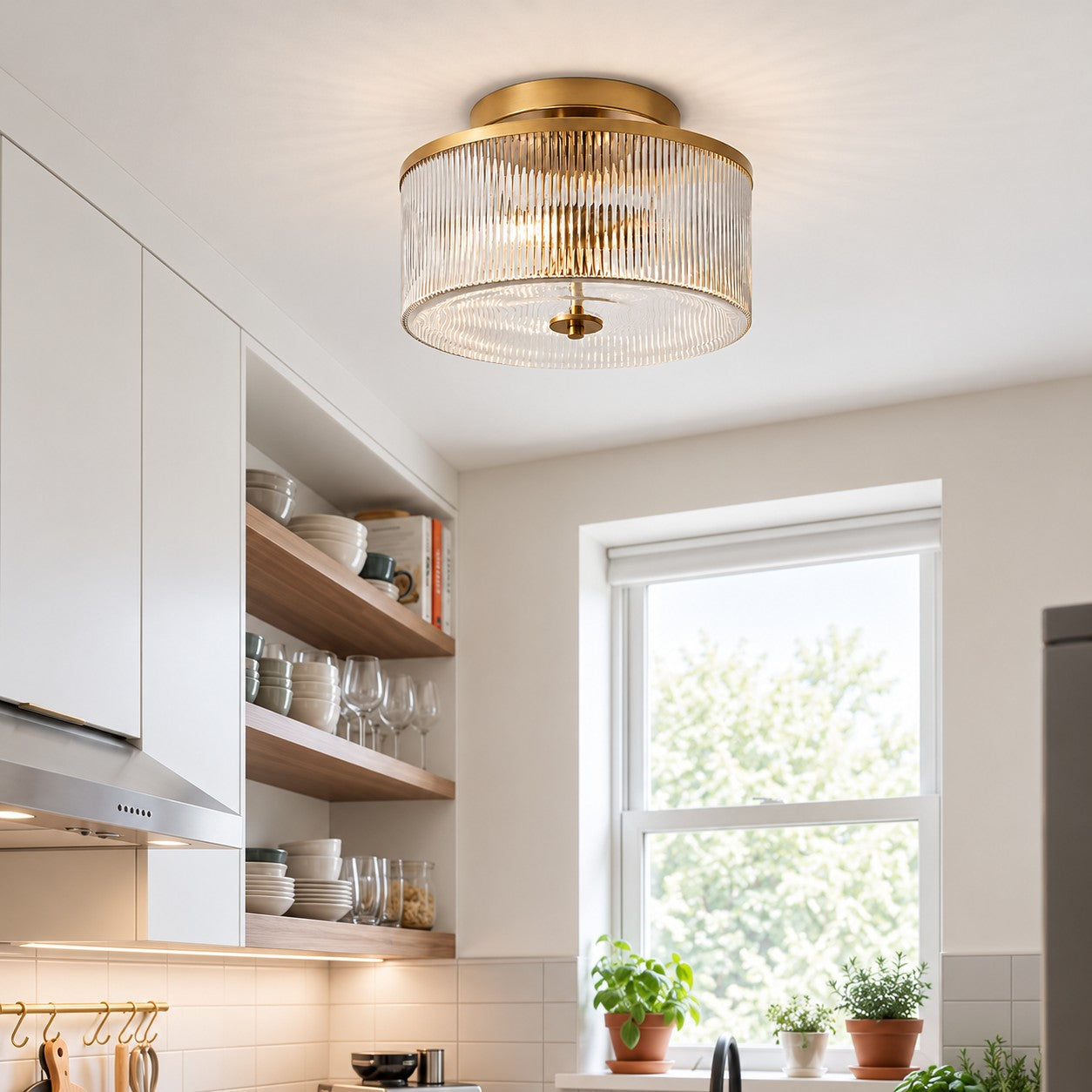 Rilona Striped Glass Drum Ceiling Fixture — Classic Semi-Flush Light for Bedroom or Office