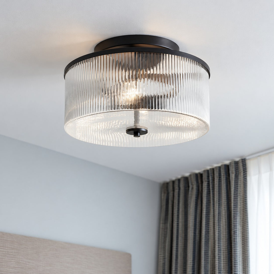 Rilona Striped Glass Drum Ceiling Fixture — Classic Semi-Flush Light for Bedroom or Office