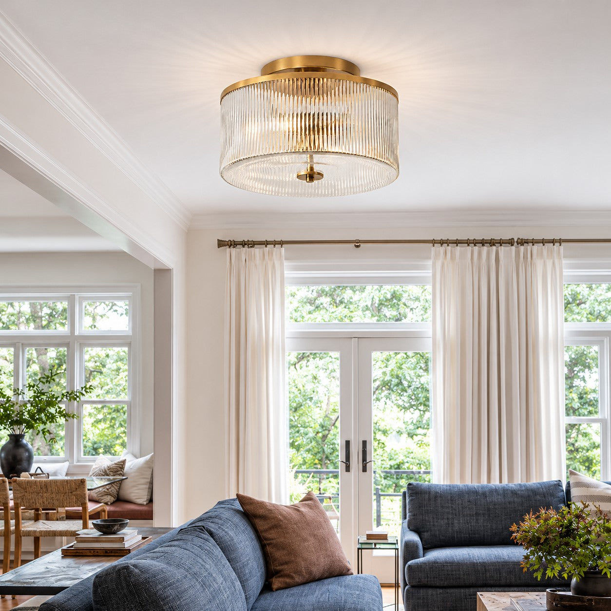 Rilona Striped Glass Drum Ceiling Fixture — Classic Semi-Flush Light for Bedroom or Office