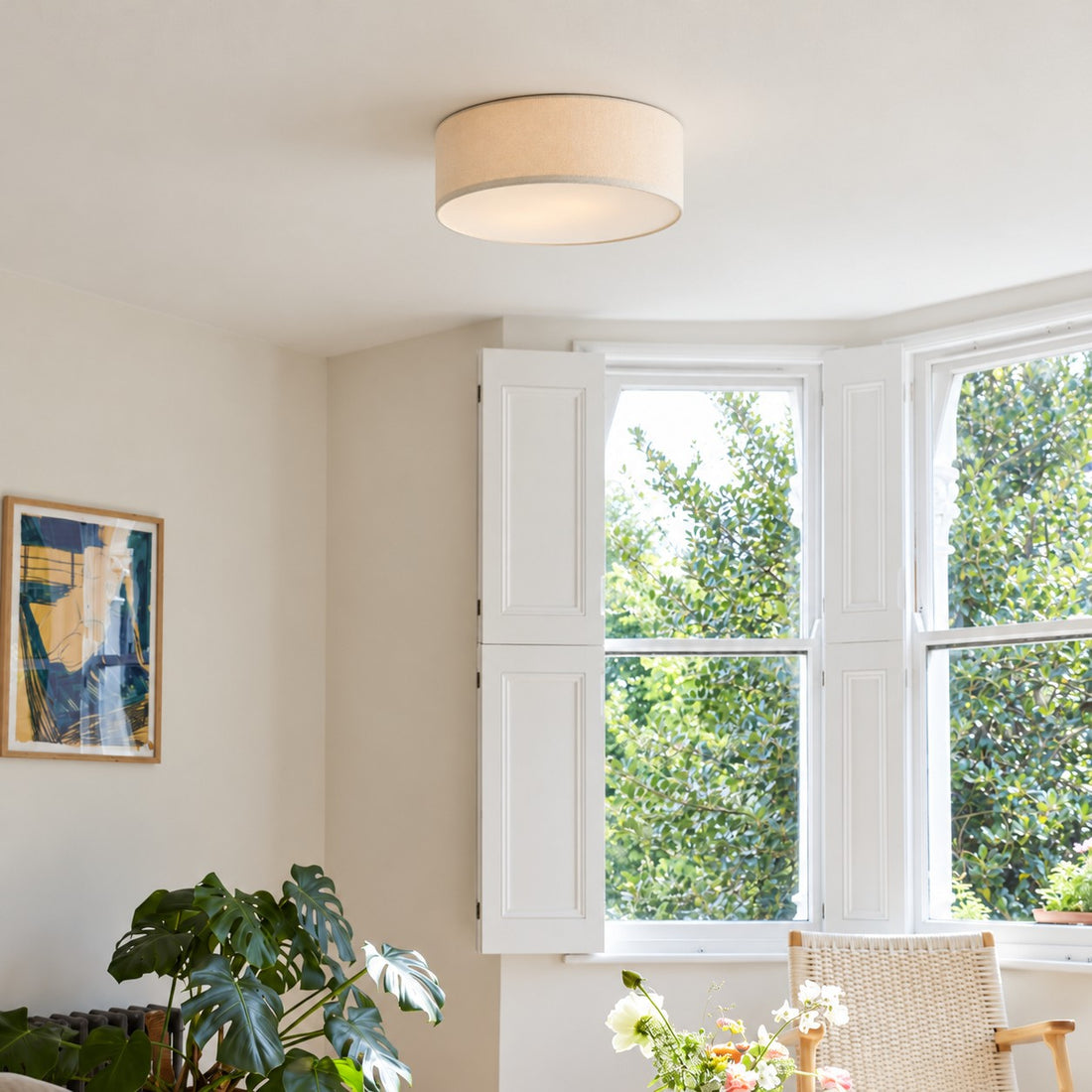 Dumora Linen Drum Ceiling Light - Flush Mount Iron Fixture with Fabric Shade