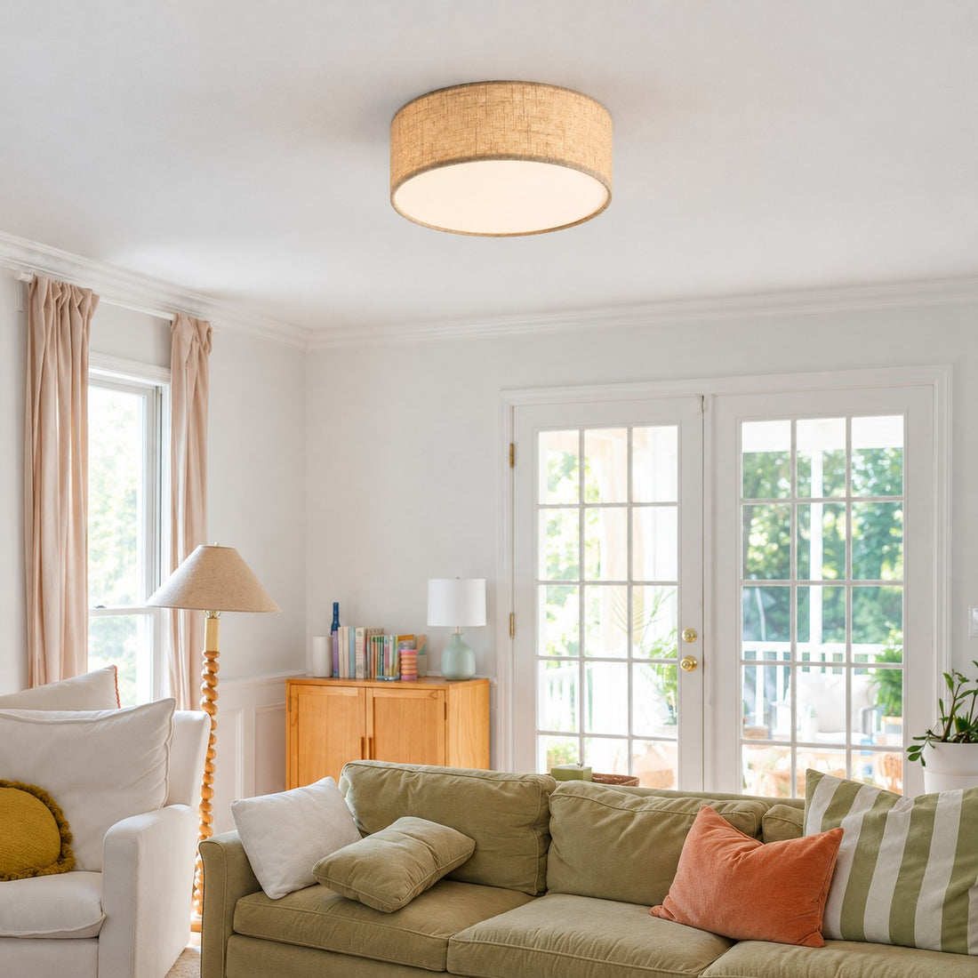 Dumora Linen Drum Ceiling Light - Flush Mount Iron Fixture with Fabric Shade
