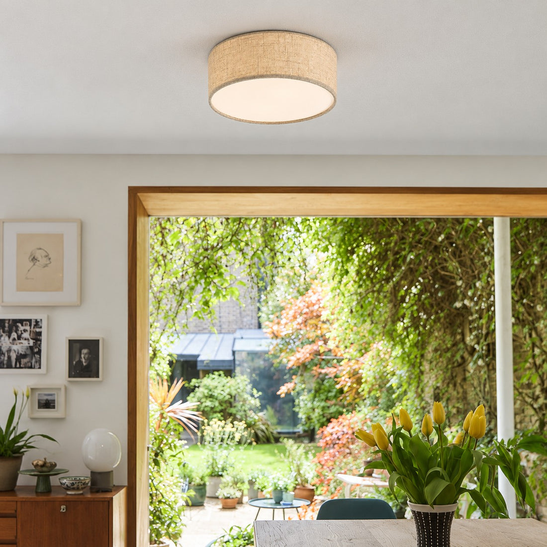 Dumora Linen Drum Ceiling Light - Flush Mount Iron Fixture with Fabric Shade