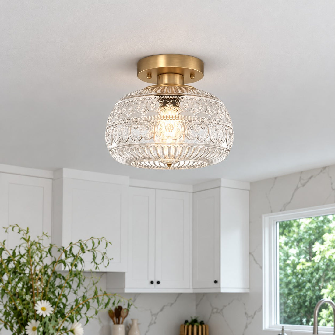 Lurex Stained Pattern Glass Flush Mount Ceiling Light - Engraved Design and Decorative Indoor Lighting