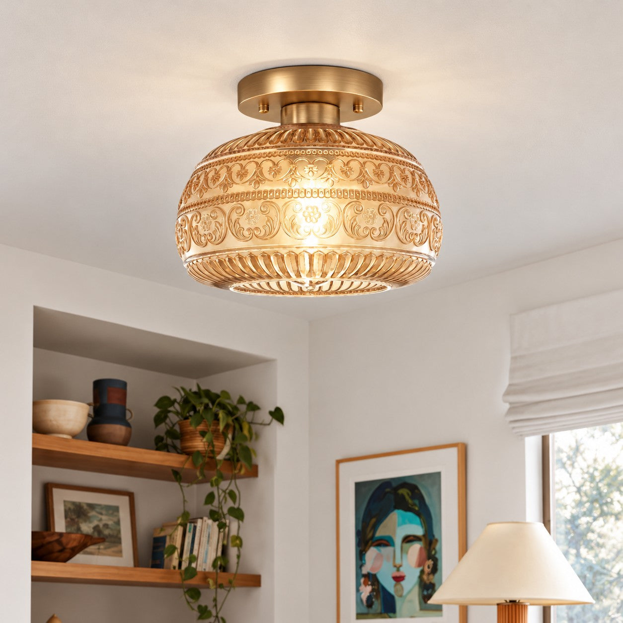 Lurex Stained Pattern Glass Flush Mount Ceiling Light - Engraved Design and Decorative Indoor Lighting