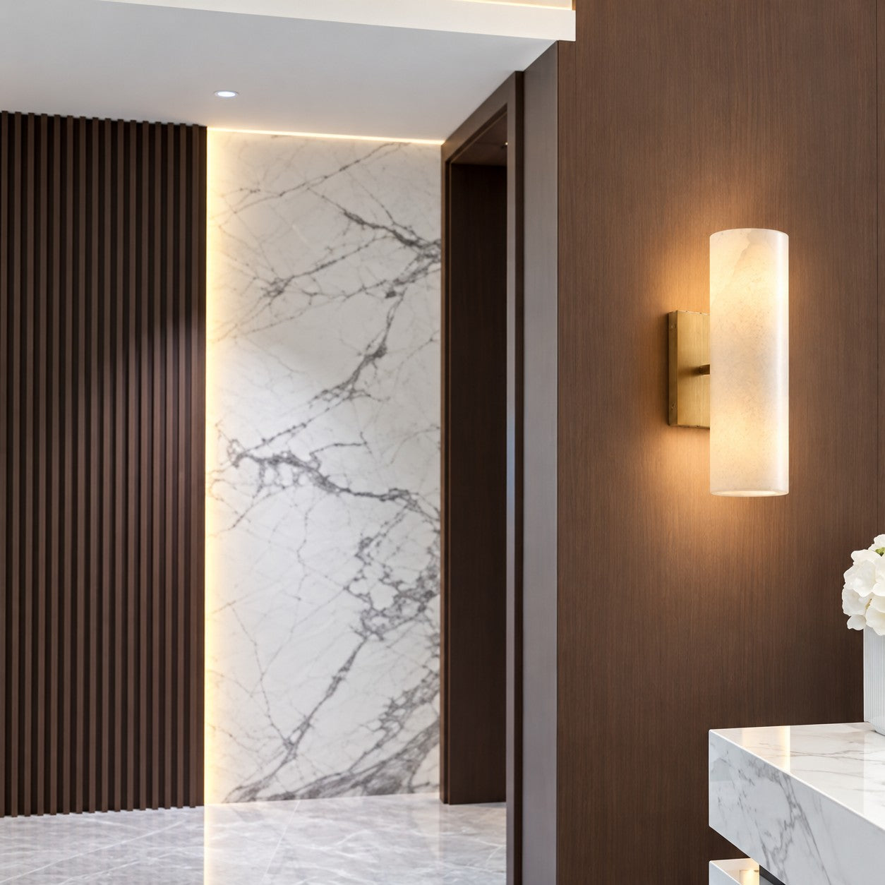 Wolvina Natural Marble Tube Sconce with Sleek Metal Details