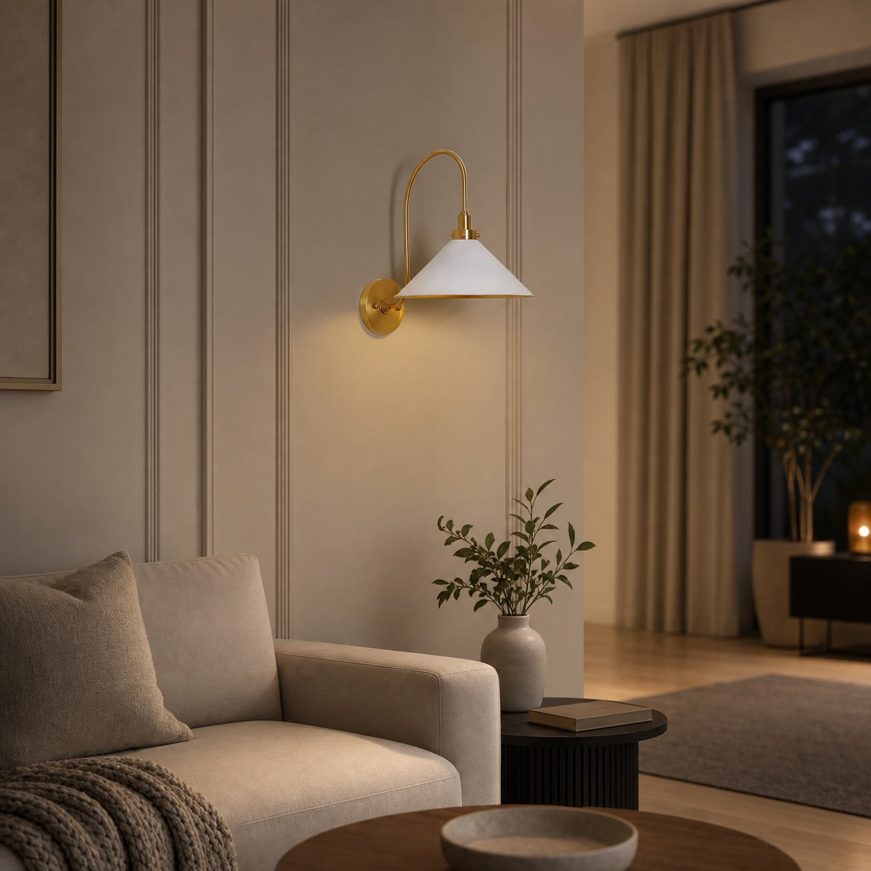 Ivoran Brass Gooseneck Wall Sconce - Curved Arm Dome Shade Light for Bedroom and Hallway