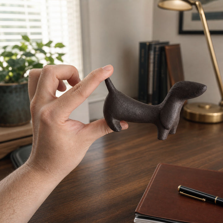 Cast iron Dachshund figurine styled on a shelf