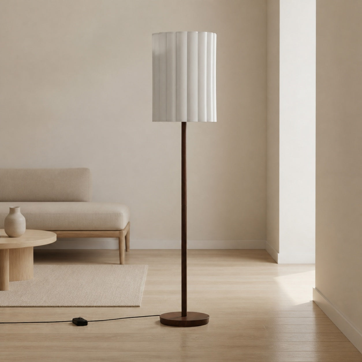 Linbron Walnut Wood Floor Lamp with Fluted Linen Shade – Modern Natural Home Decor