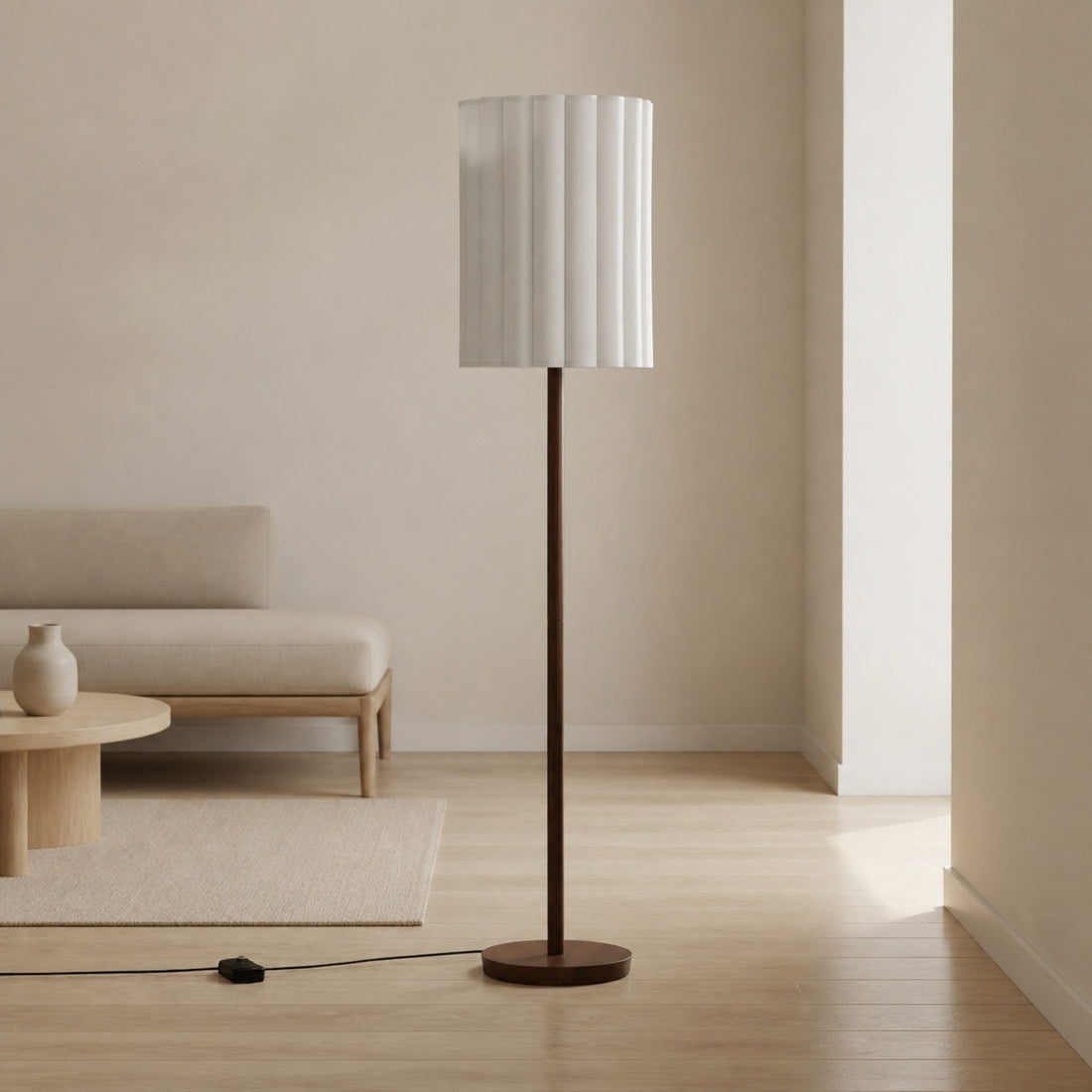 Linbron Walnut Wood Floor Lamp with Fluted Linen Shade – Modern Natural Home Decor