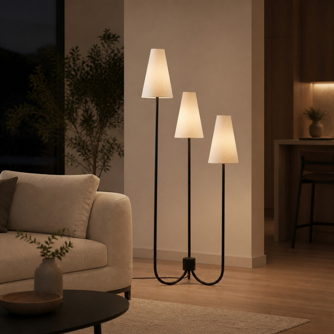 Cordove Three-Tapered Shade Floor Lamp – Modern minimalist Metal Fabric Light for Living Room