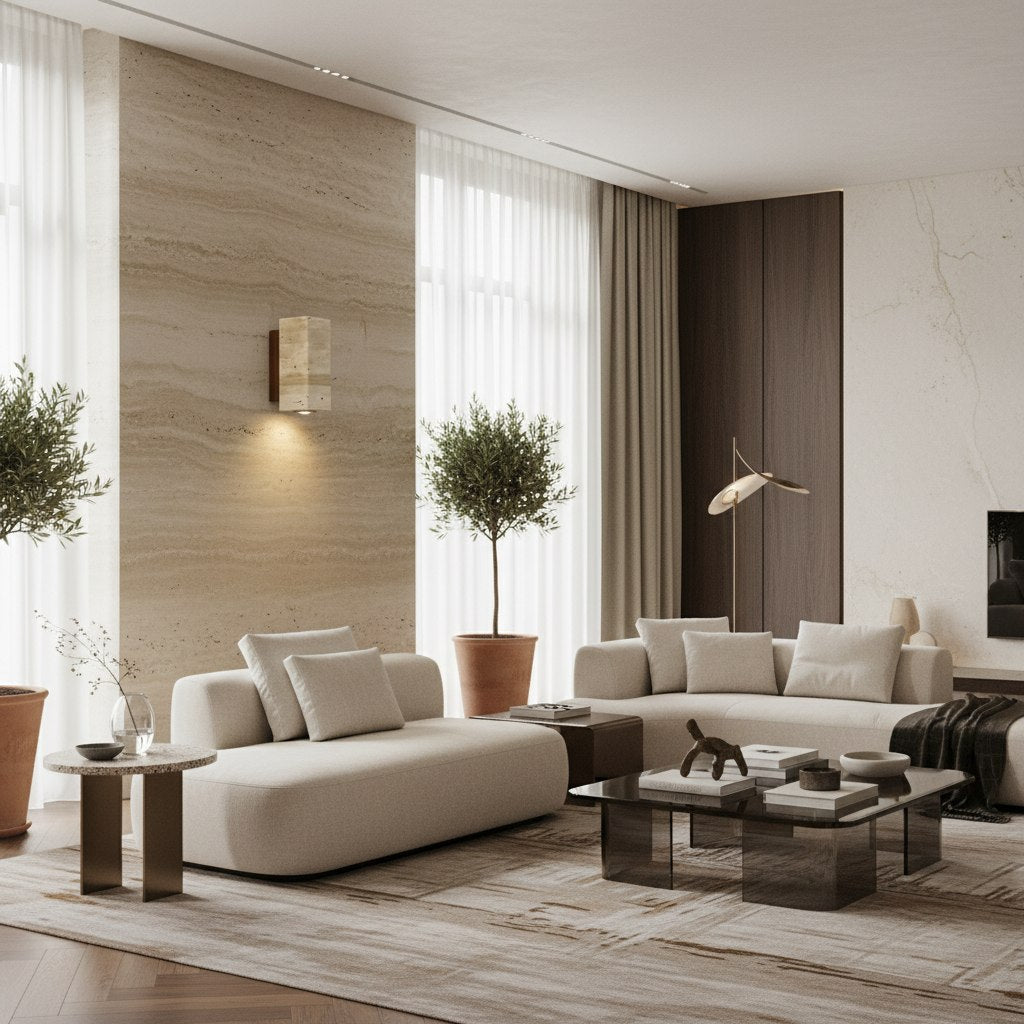 Slivara Natural Stone Backplate with Warm Amber Shade - Vintage Modern Slivara Wall Sconce for Living Room