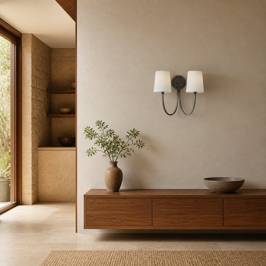 Roven Modern Double Wall Sconce with Curved Arms and Fabric Shades – Classic Accent Lighting for Bedroom