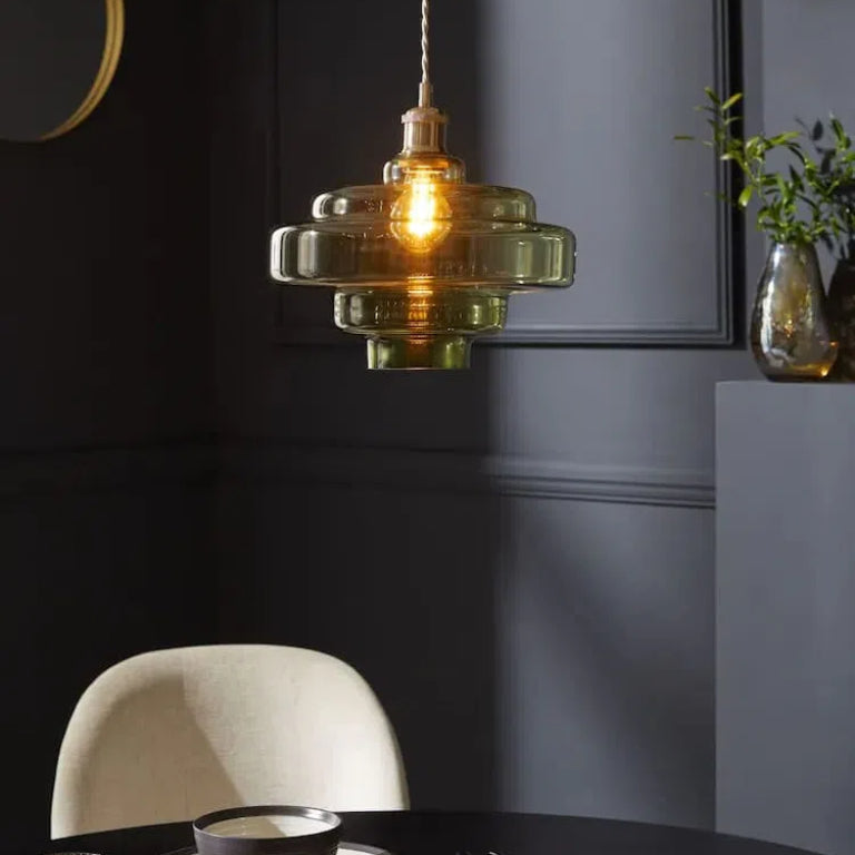 Olive Green Handblown Glass Pendant Lamp - Multi Tiered Hanging Lamp