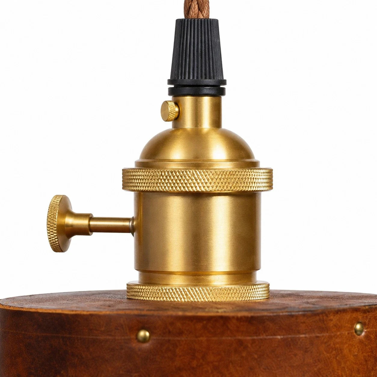 Vintage Brown Leather Cylinder Pendant Lamp with Brass Socket