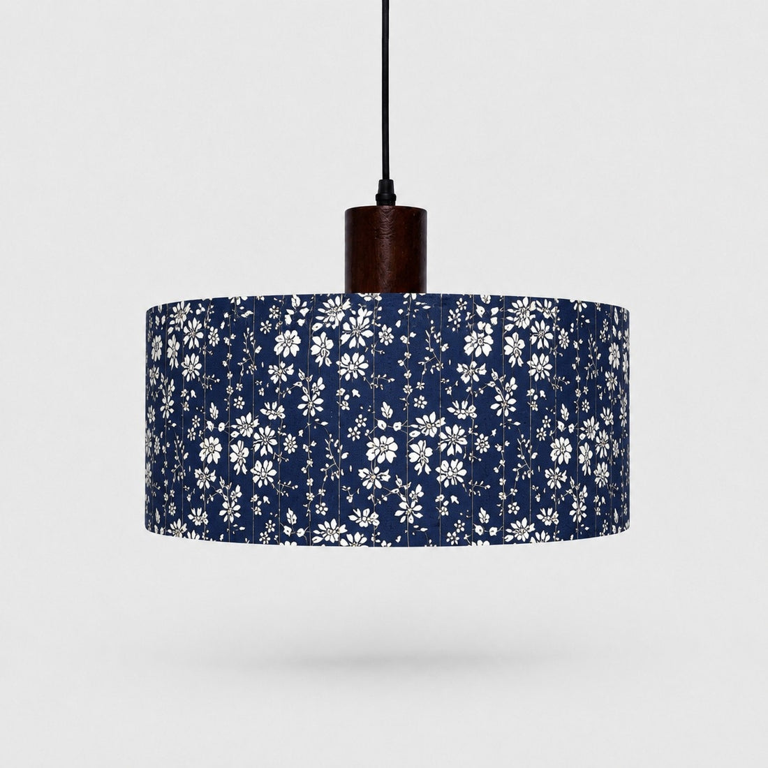Blue floral patterned fabric drum pendant light, 35 cm shade