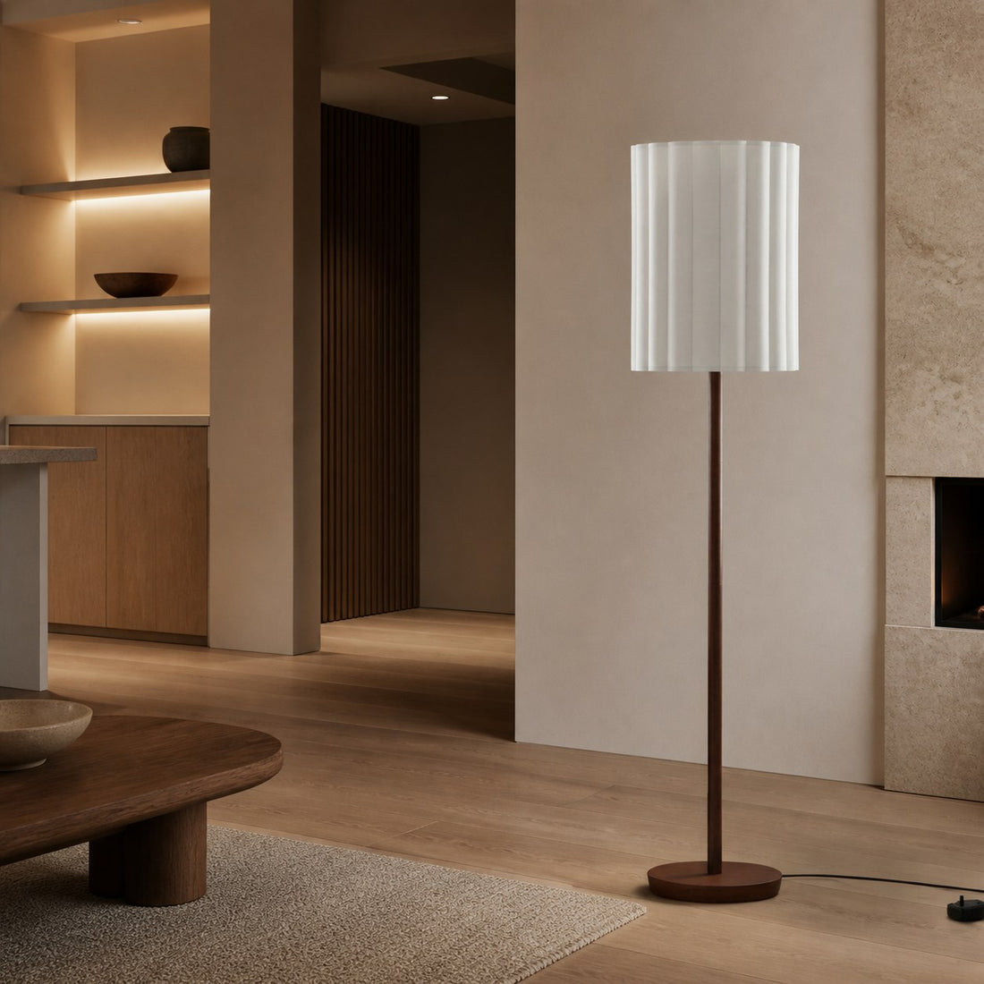 Linbron Walnut Wood Floor Lamp with Fluted Linen Shade – Modern Natural Home Decor