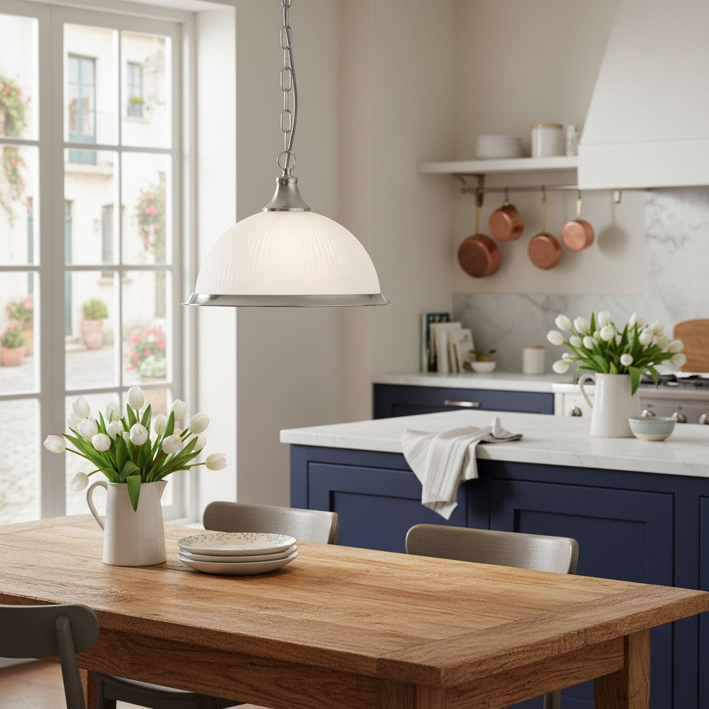 TF Vintora Ribbed Glass Pendant Light – Elegant Metal Trim for Kitchens, Dining Areas and Hallways