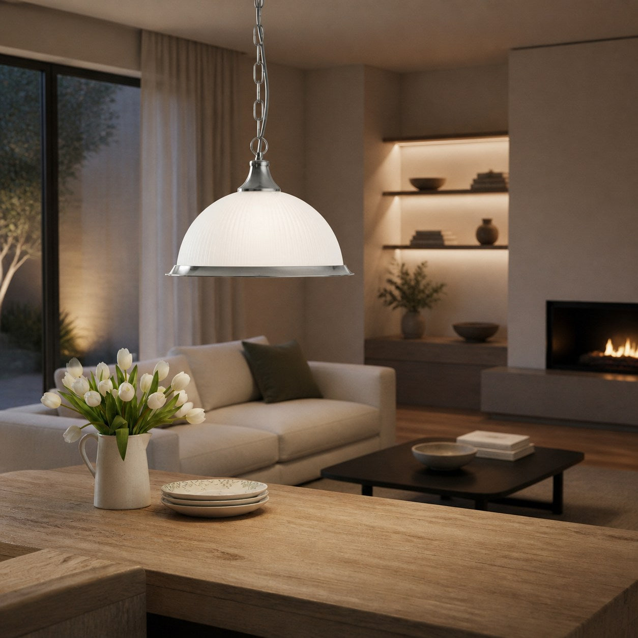 TF Vintora Ribbed Glass Pendant Light – Elegant Metal Trim for Kitchens, Dining Areas and Hallways