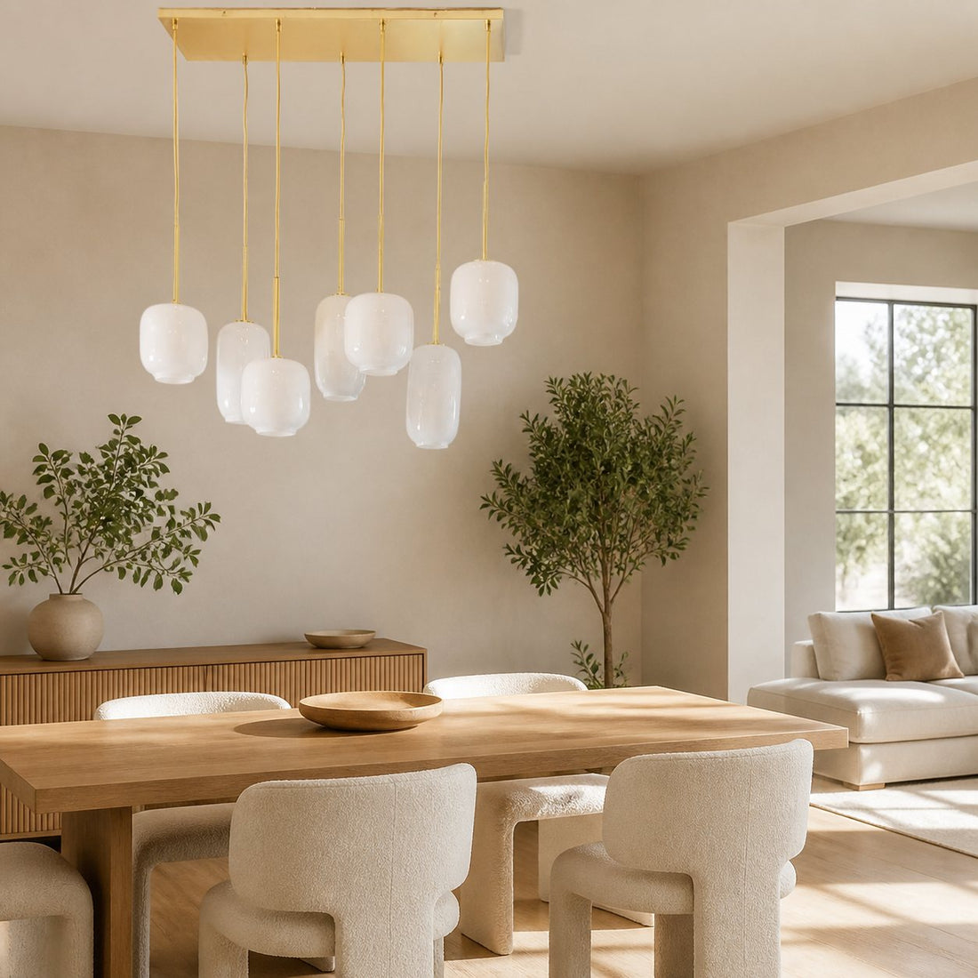Lumivelle Sculptural 7-Light Chandelier – Adjustable Height Modern Glass Pendant