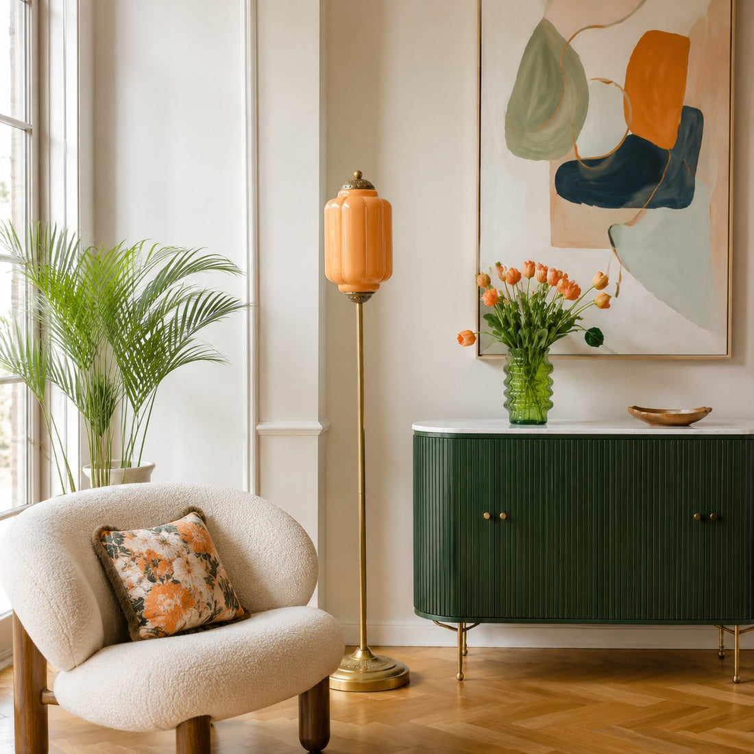 Eloise Textured Glass Pumpkin-Inspired Floor Lamp - Organic Artistry and Retro Style for Living Rooms