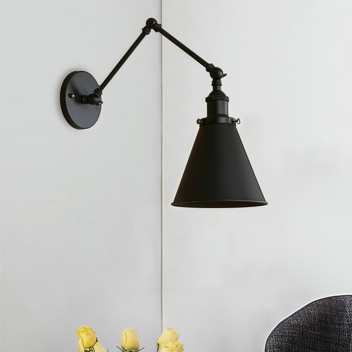 Industrial Swing Arm Wall Light – Black Adjustable Metal Farmhouse Lamp