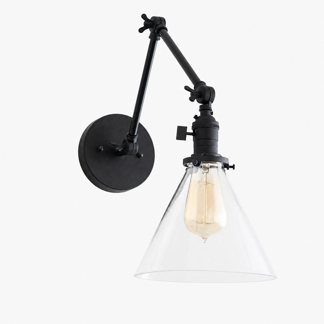 Conique Metal Industrial Wall Sconce with Adjustable Arm - Vintage Glass Cone Shade