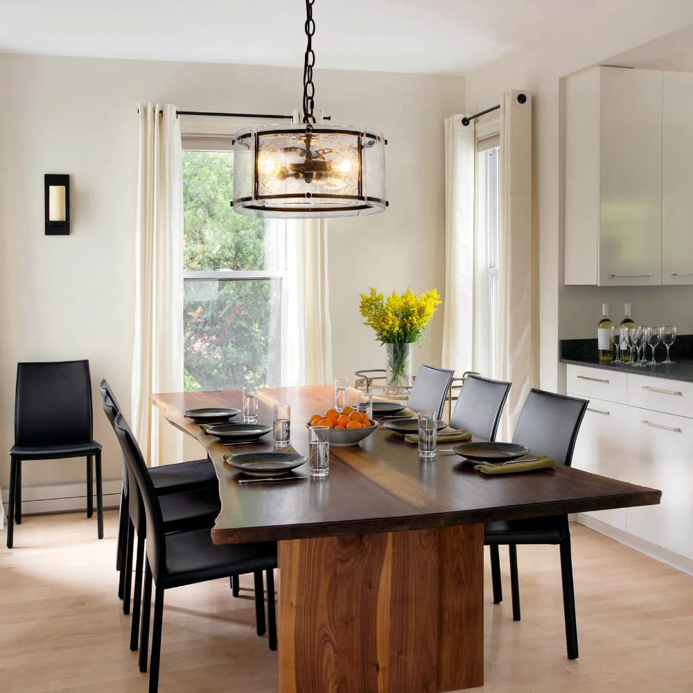 Water Ripple Drum Pendant Light - Matte Black Clear Glass 3-Light Chandelier