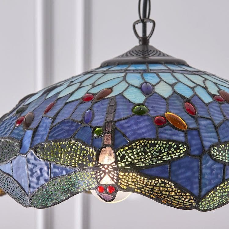 TF Dragonfly Blue Tiffany Pendant Light – Art Nouveau Stained Glass Pendant for Living