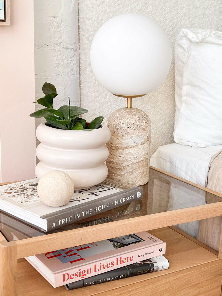 Modern Minimalist Travertine Base Glass Orb Table Lamp
