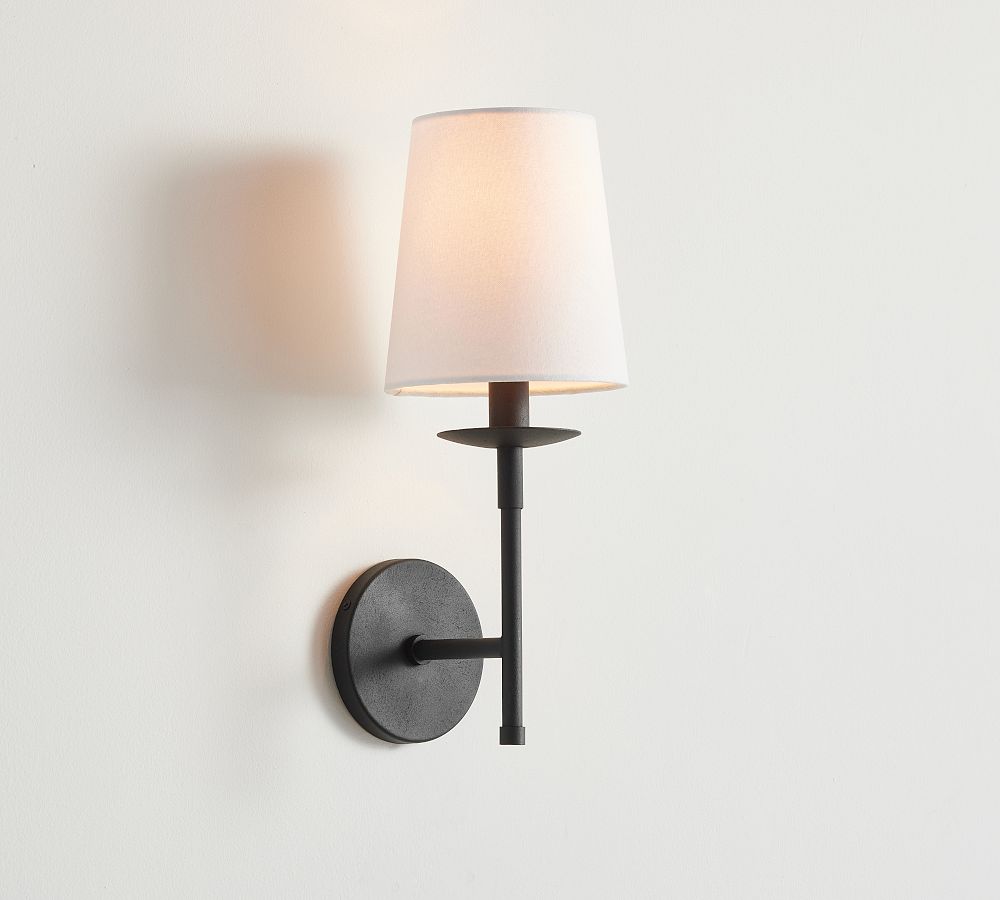 Rowan Bronze or Brass Wall Sconce - Iron Light with White Linen Shade for Home