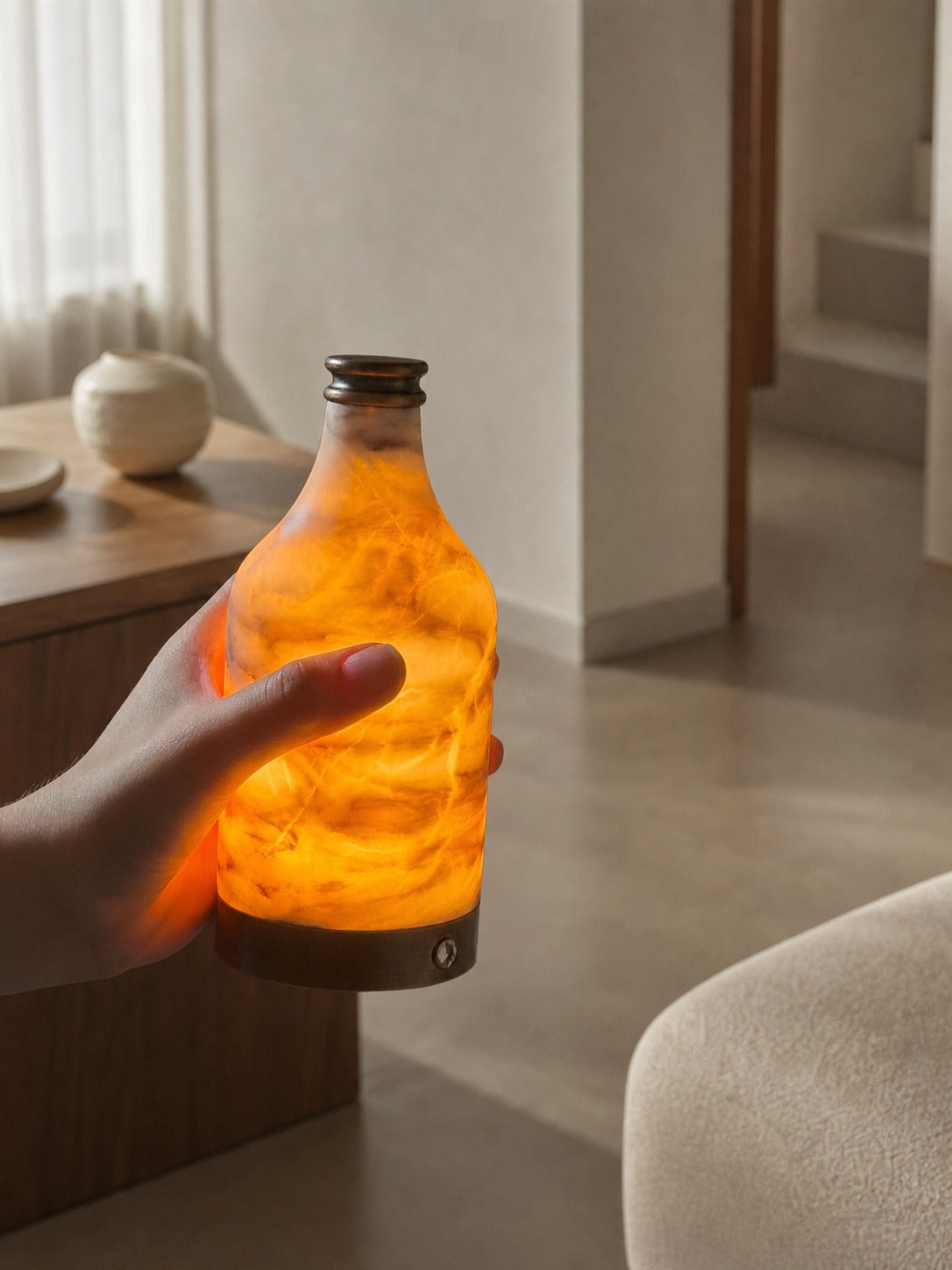 Wine Bottle Alabaster Table Lamp (Built-in Battery)