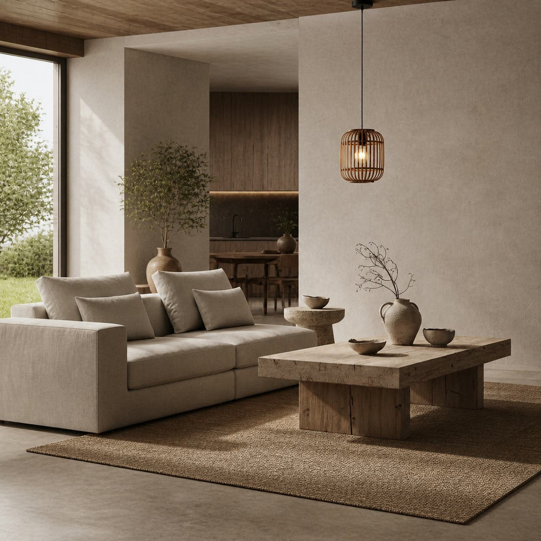 Yumeko Adjustable Bamboo Pendant Lamp - Natural Cage Ceiling Light Perfect for Living & Dining Rooms
