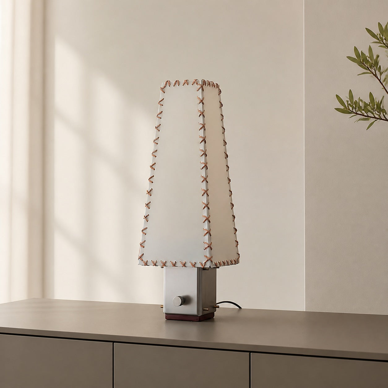 Modern Geometric Metal Table Lamp – Parchment Shade for Bedroom Nightstand Lighting