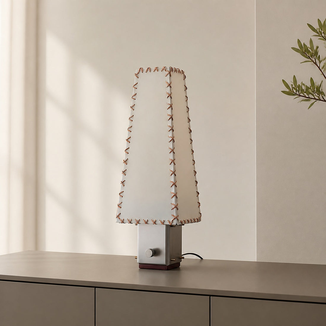 Modern Geometric Metal Table Lamp – Parchment Shade for Bedroom Nightstand Lighting