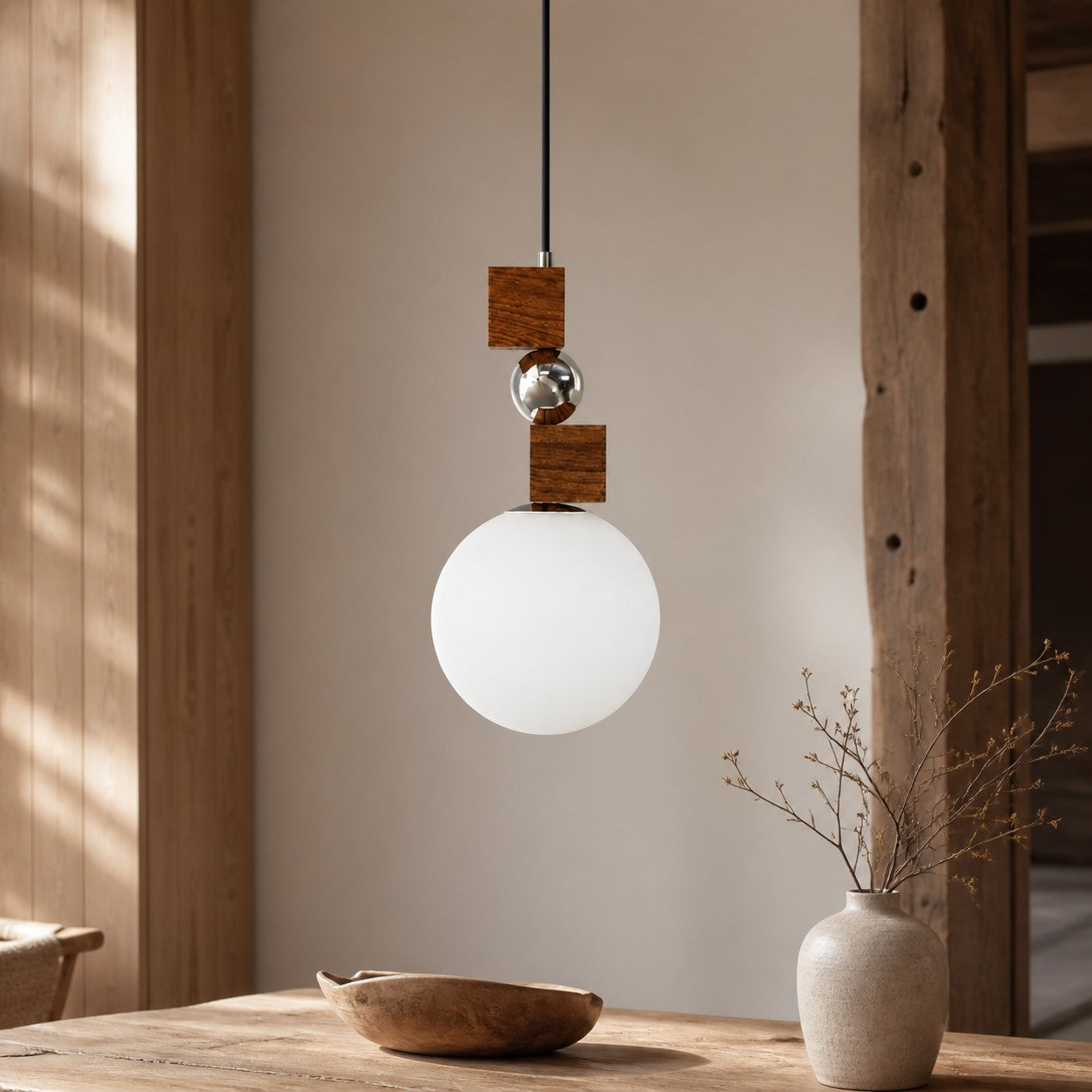 Luma Walnut pendant light in a warm rustic interior