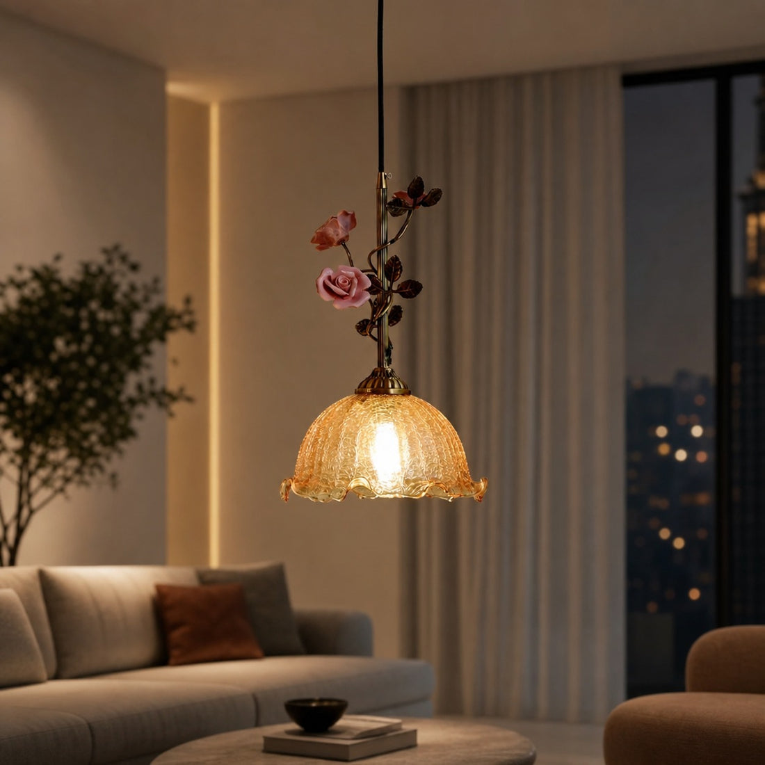 Lalique Rose Glass Pendant Lamp