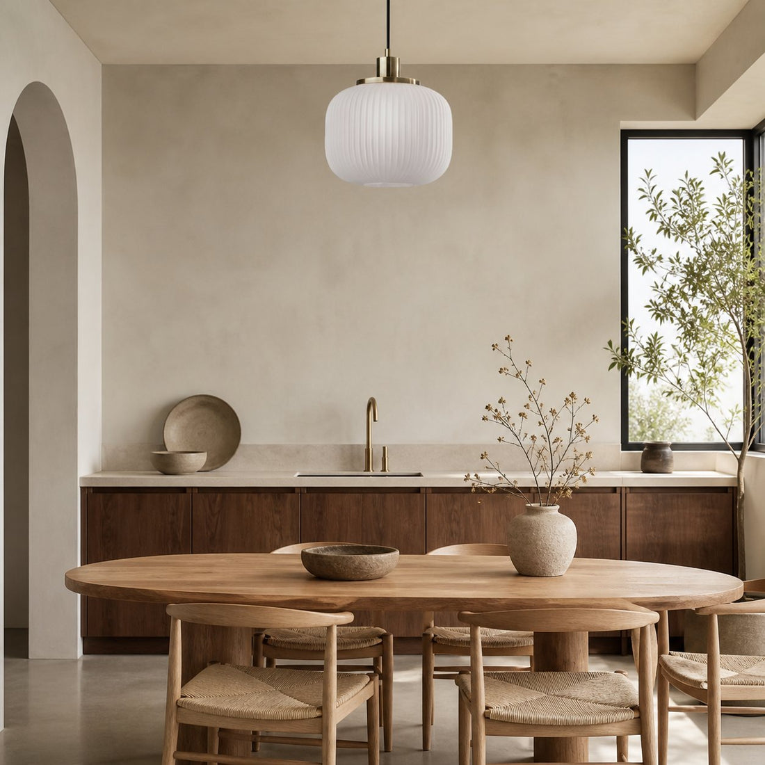 Pelviona Modern Ribbed Glass Pendant - Frosted & Brass Ceiling Light Add Timeless Charm to Your Space