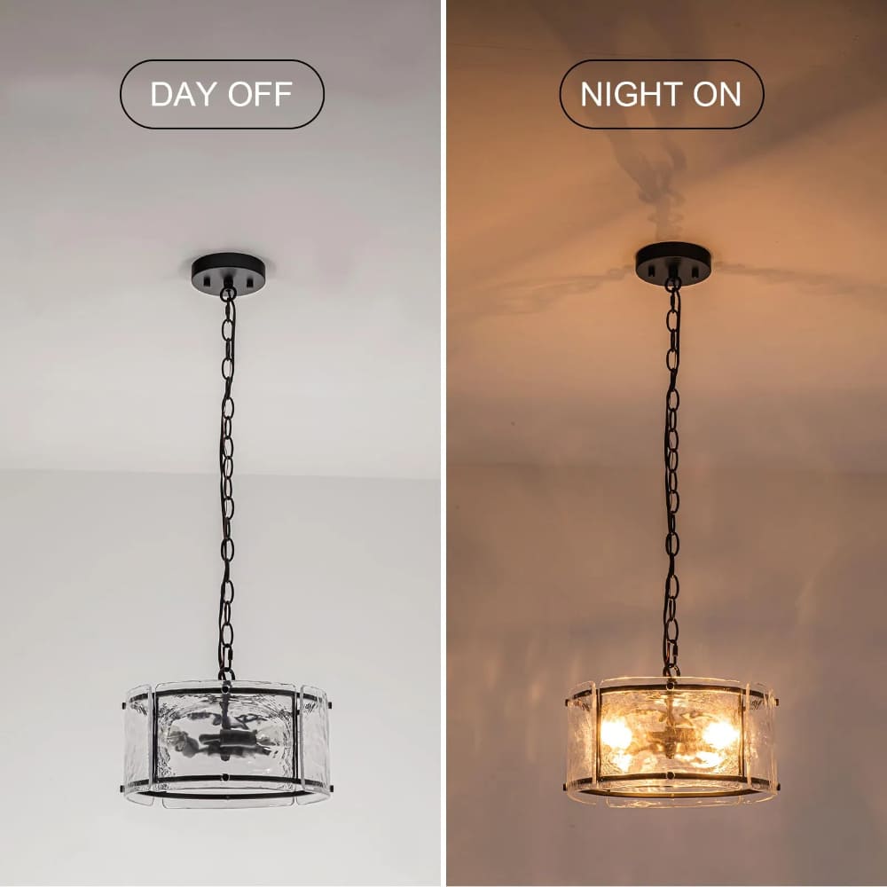 Water Ripple Drum Pendant Light - Matte Black Clear Glass 3-Light Chandelier