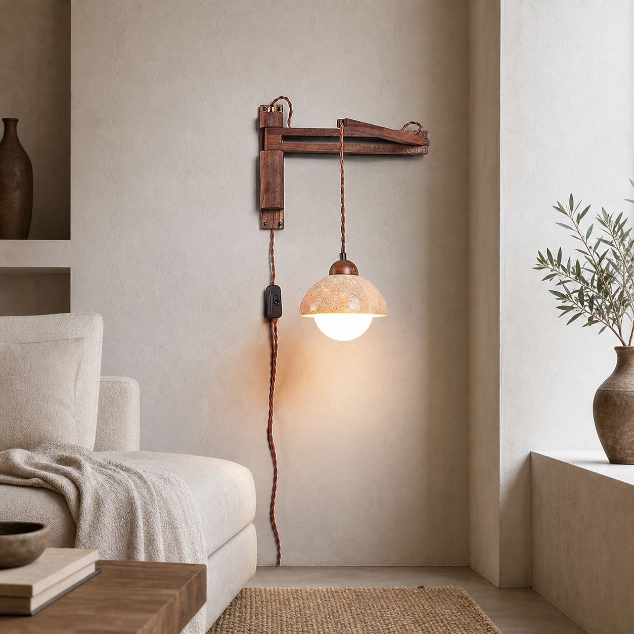 Tia Travertine Swing Arm Plug-in Sconce