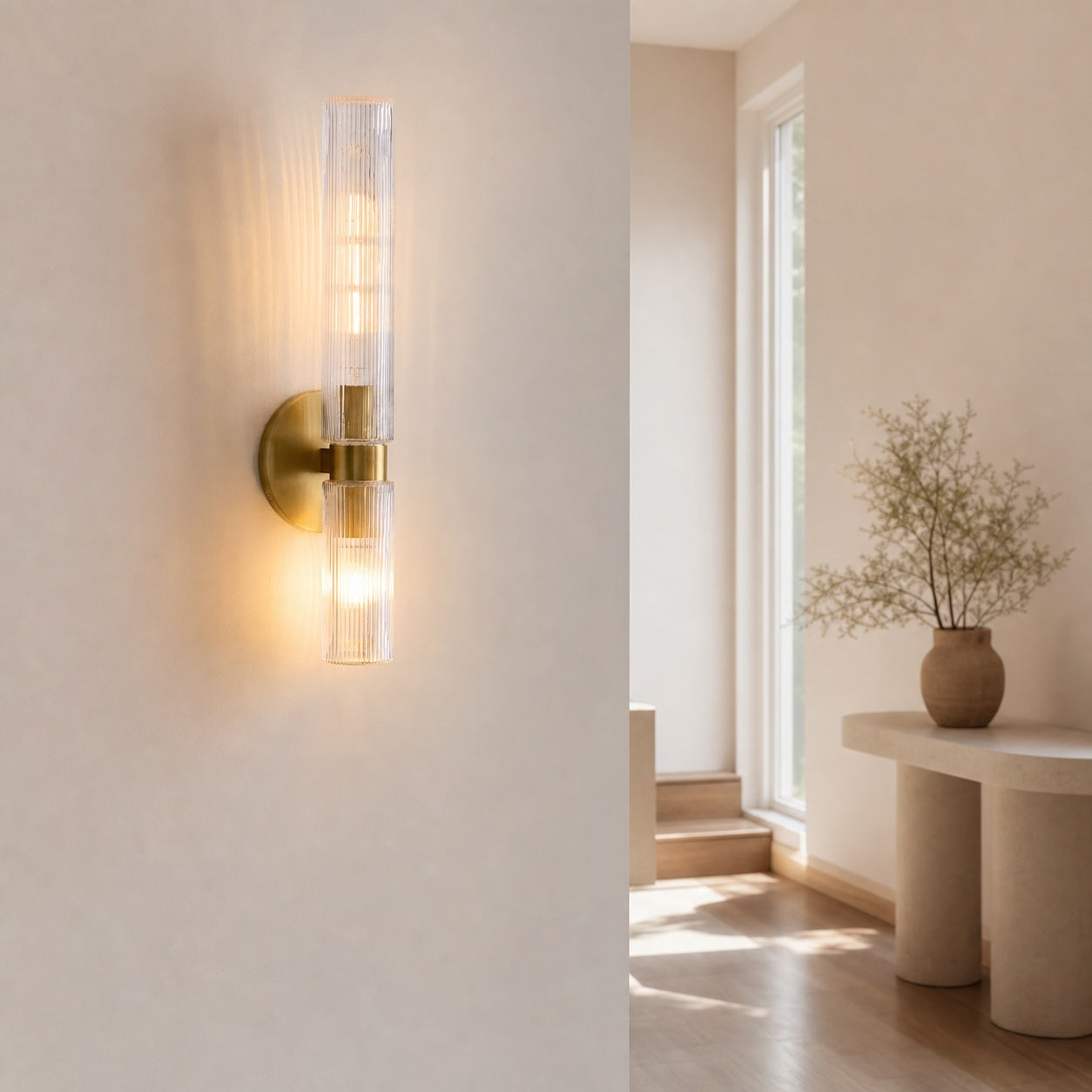 Rivora Fluted Glass Double Short Sconce - Indoor Outdoor Wall Light Elegance