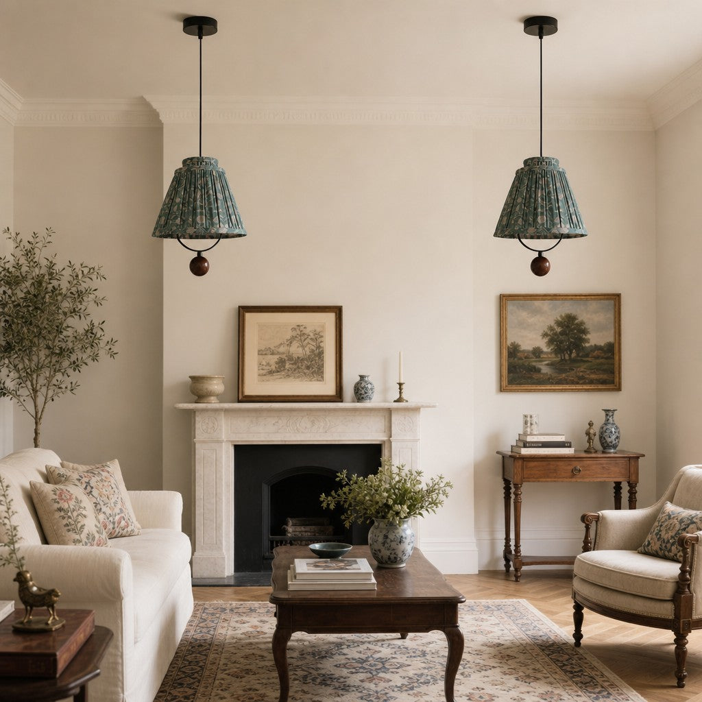 Solmire Fabric Pendant Light - Floral Pleated Shade with Wood and Iron Accents for Dining Room and Kitchen Island
