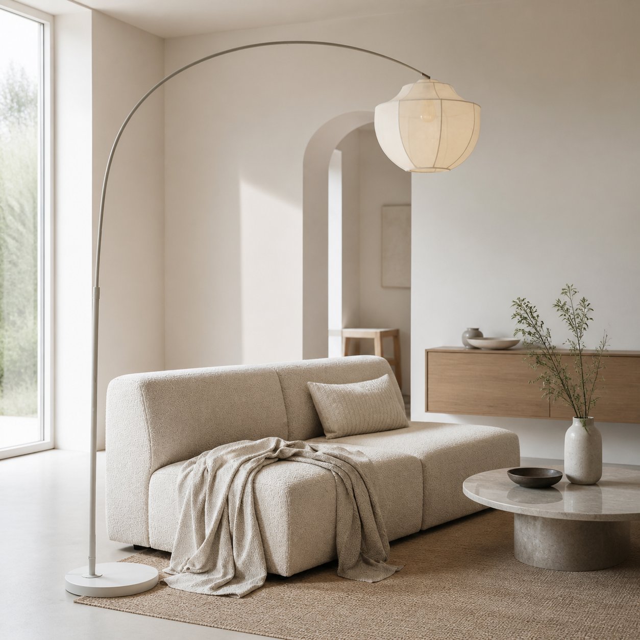 Lumifil Arc Floor Lamp Textile Mesh Shade - Metal Stand for Soft Ambient Living Room Lighting
